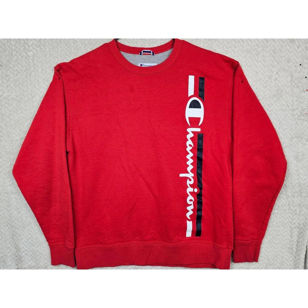 Champion Sweatshirt Mens Large Red Vertical Logo Powerblend Fleece Pullover